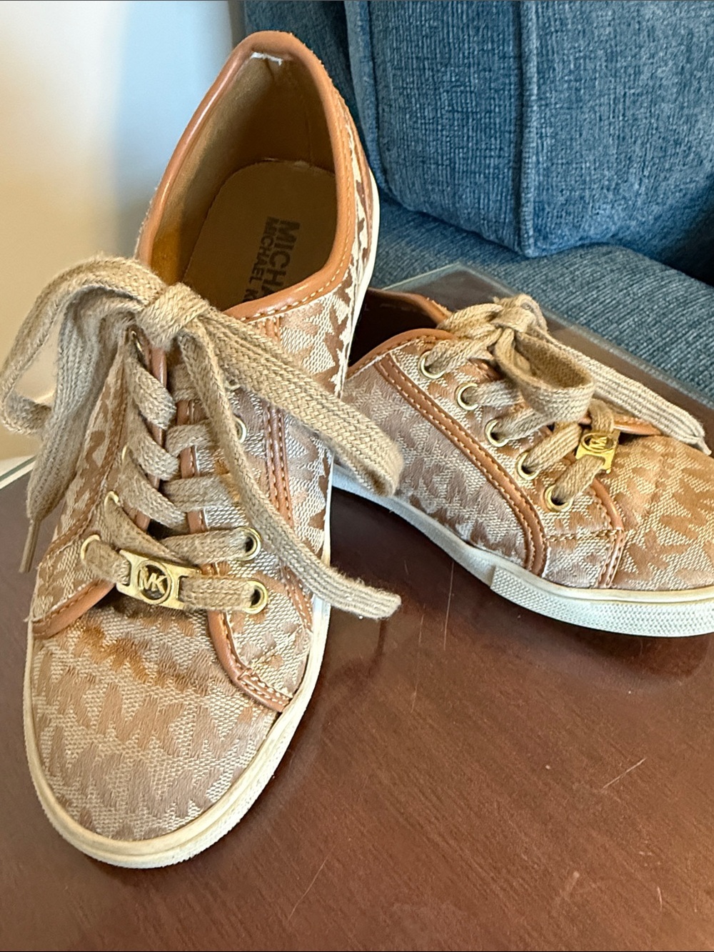 Michael Kors Rita 3 Tan Logo-Print Kids' Sneakers with Gold Accents